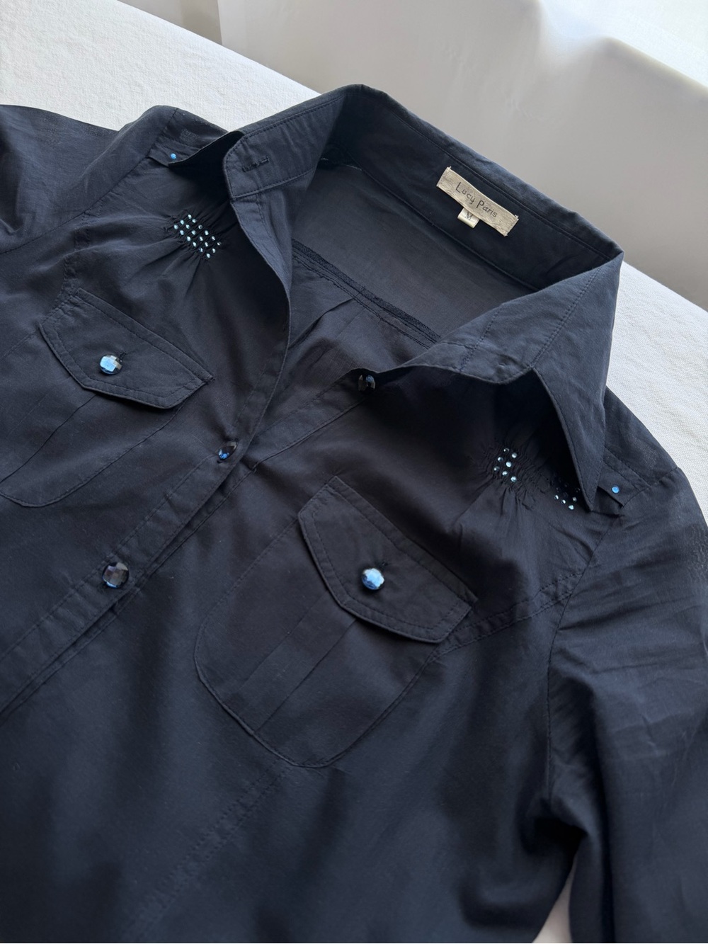 Lucy Paris Navy Rhinestone Ruched Button Up Shirt M Y2K - Picture 6 of 16